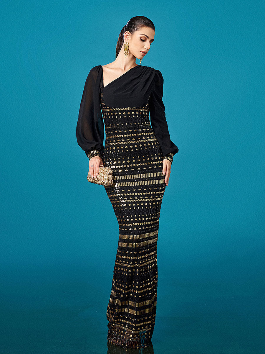 Black Long Sleeve Cutout Sheath Sequin Dress