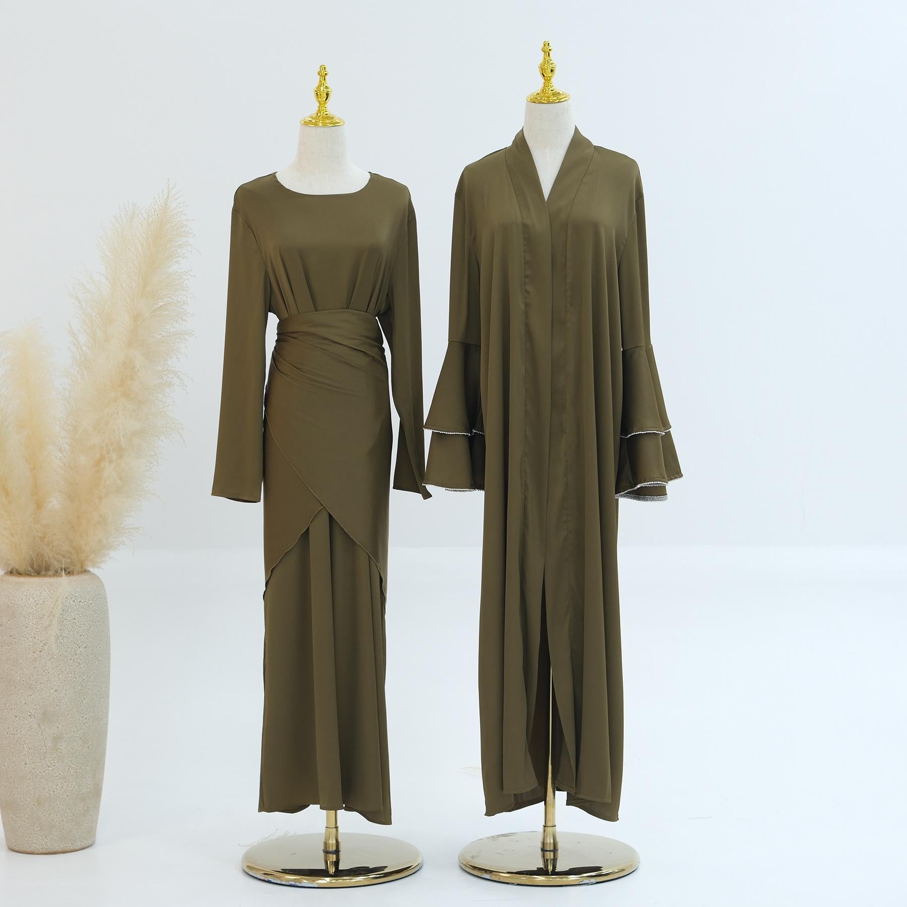 3pcs Set Satin Cardigan+Inner Dress+Special Belt