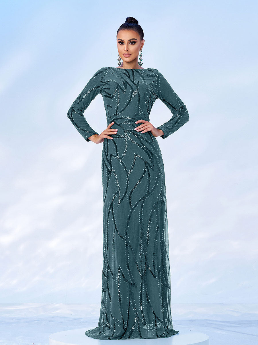 A-Line Long Sleeve Sequin Black Dress