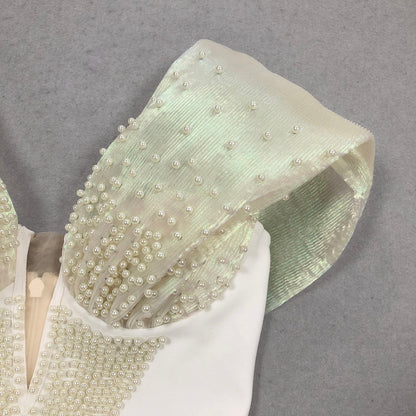 Off-Shoulder pearl embellished bodycon maxi dress in white