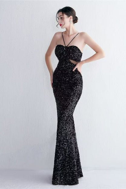 MARIAN BLACK CUTOUT SEQUINS HALTER MAXI DRESS