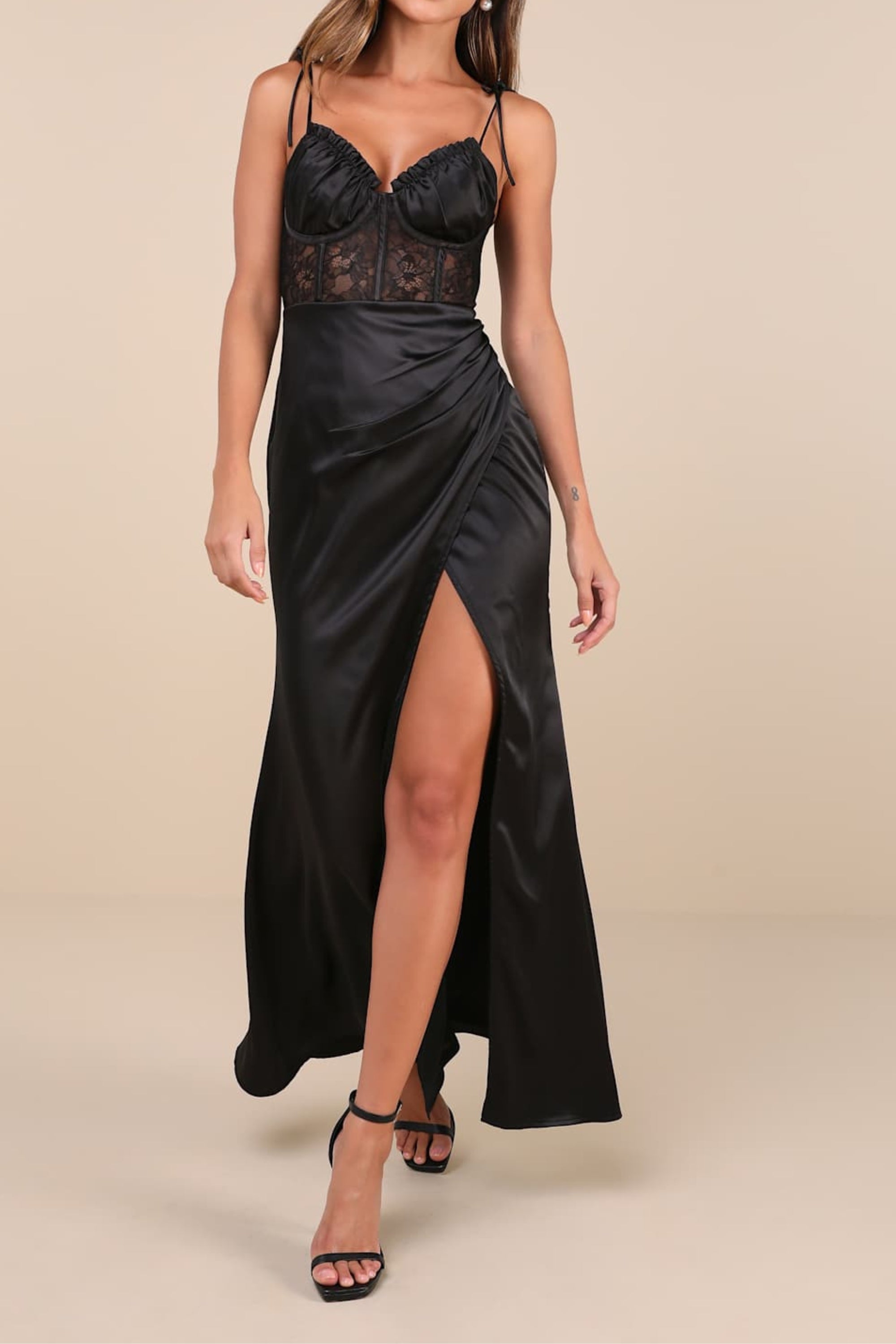 Aura Black Satin Lace Tie-Strap Bustier Maxi Dress