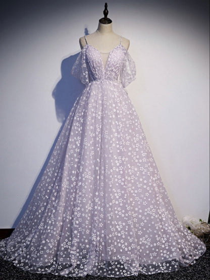 Purple tulle A line maxi prom dress