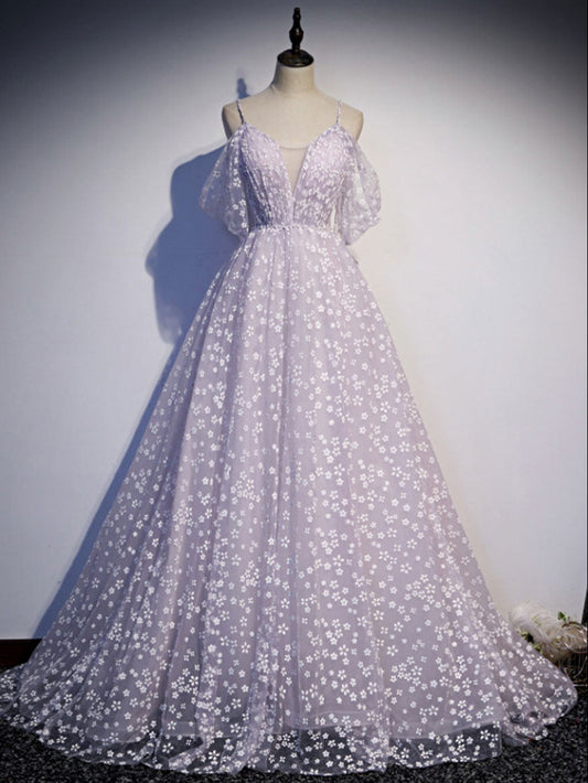 Purple tulle A line maxi prom dress
