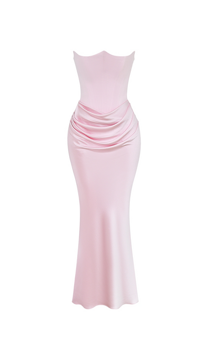 strapless satin corset maxi dress in pink