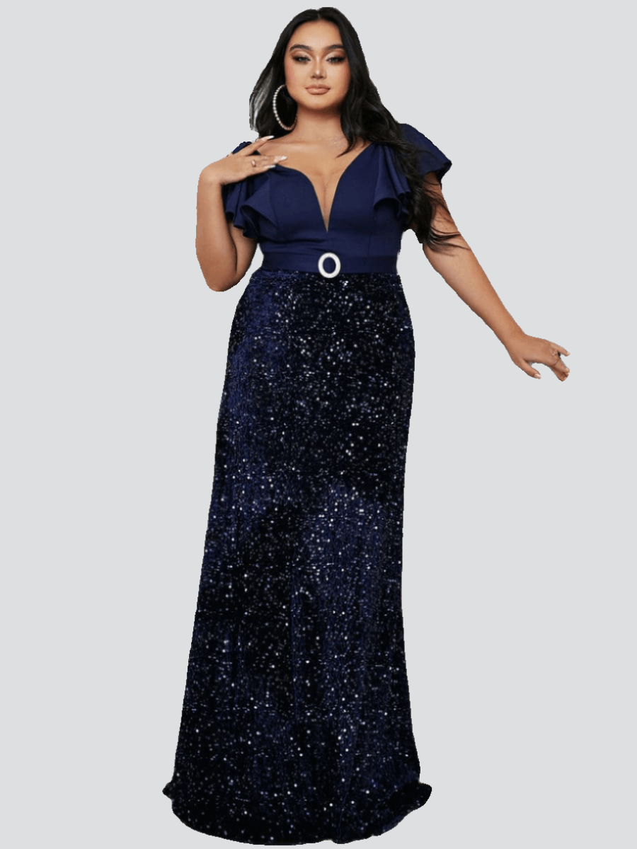 Plus Short Sleeve Sequin Belt Prom Dress