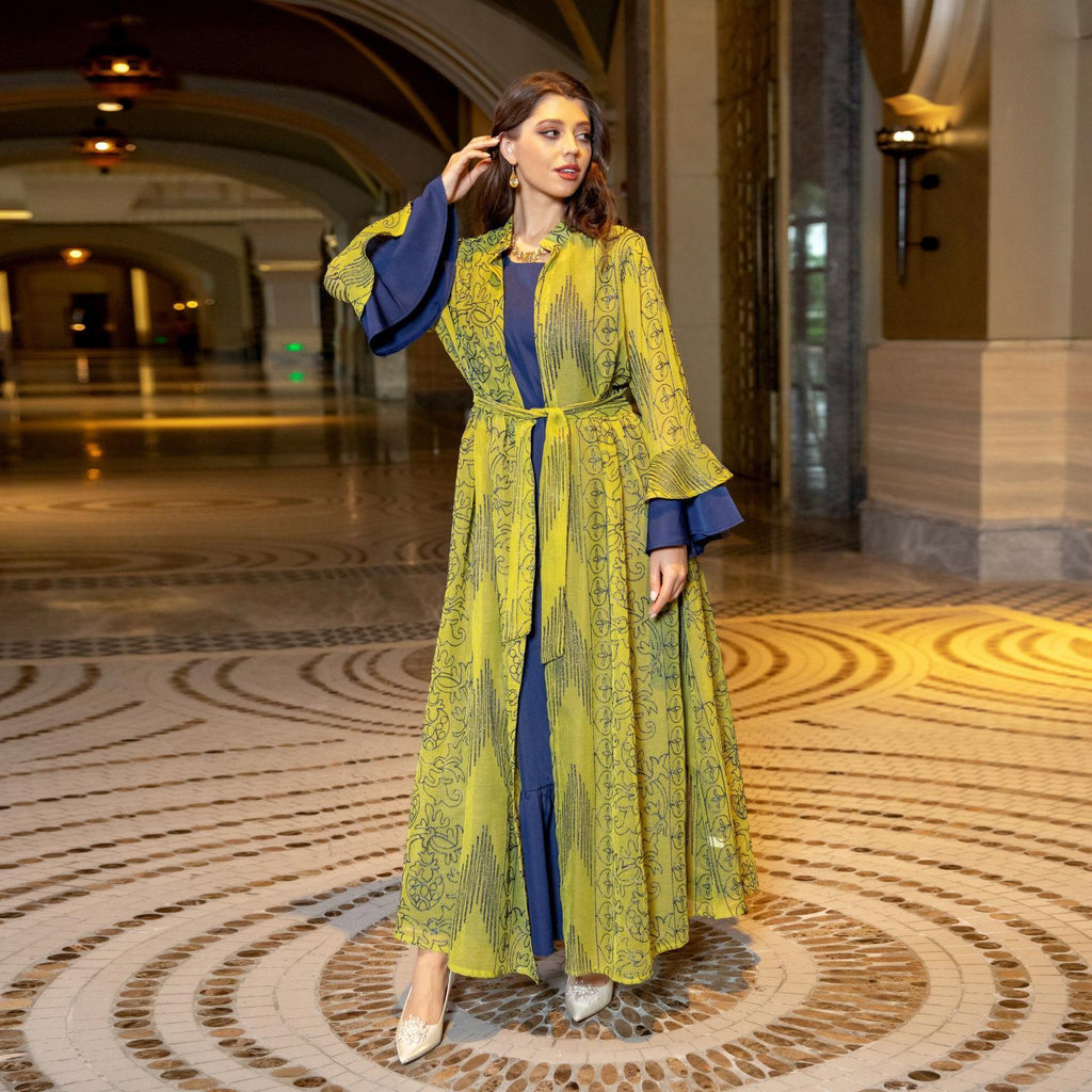 2 Pcs Suit Middle East Evening Dress Cross-border Muslim Lady Lotus Leaf Sleeve New Dress Abaya Robe