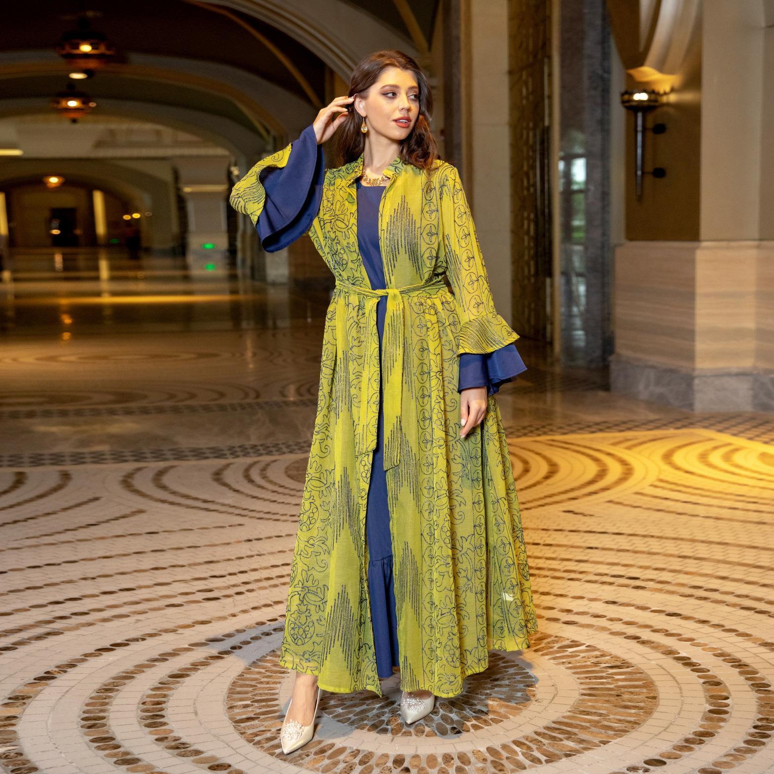 2 Pcs Suit Middle East Evening Dress Cross-border Muslim Lady Lotus Leaf Sleeve New Dress Abaya Robe