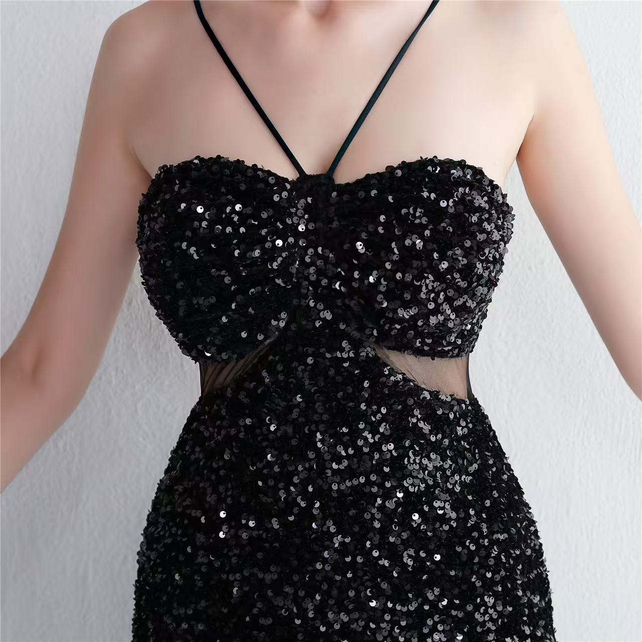 MARIAN BLACK CUTOUT SEQUINS HALTER MAXI DRESS