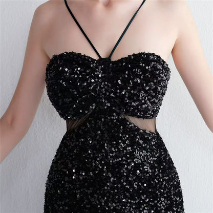 MARIAN BLACK CUTOUT SEQUINS HALTER MAXI DRESS