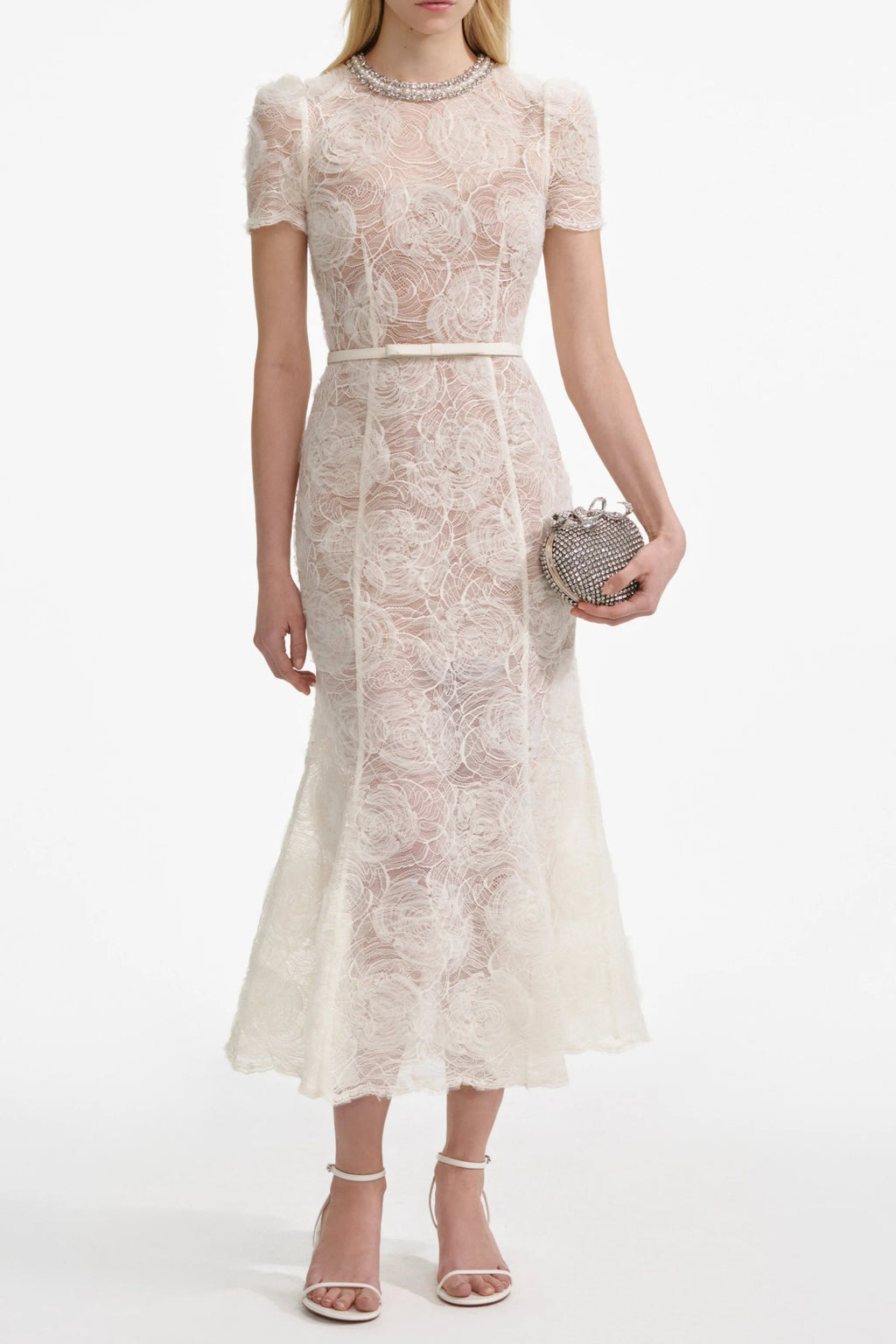 Tulle Lace Diamante Midi Dress in Beige