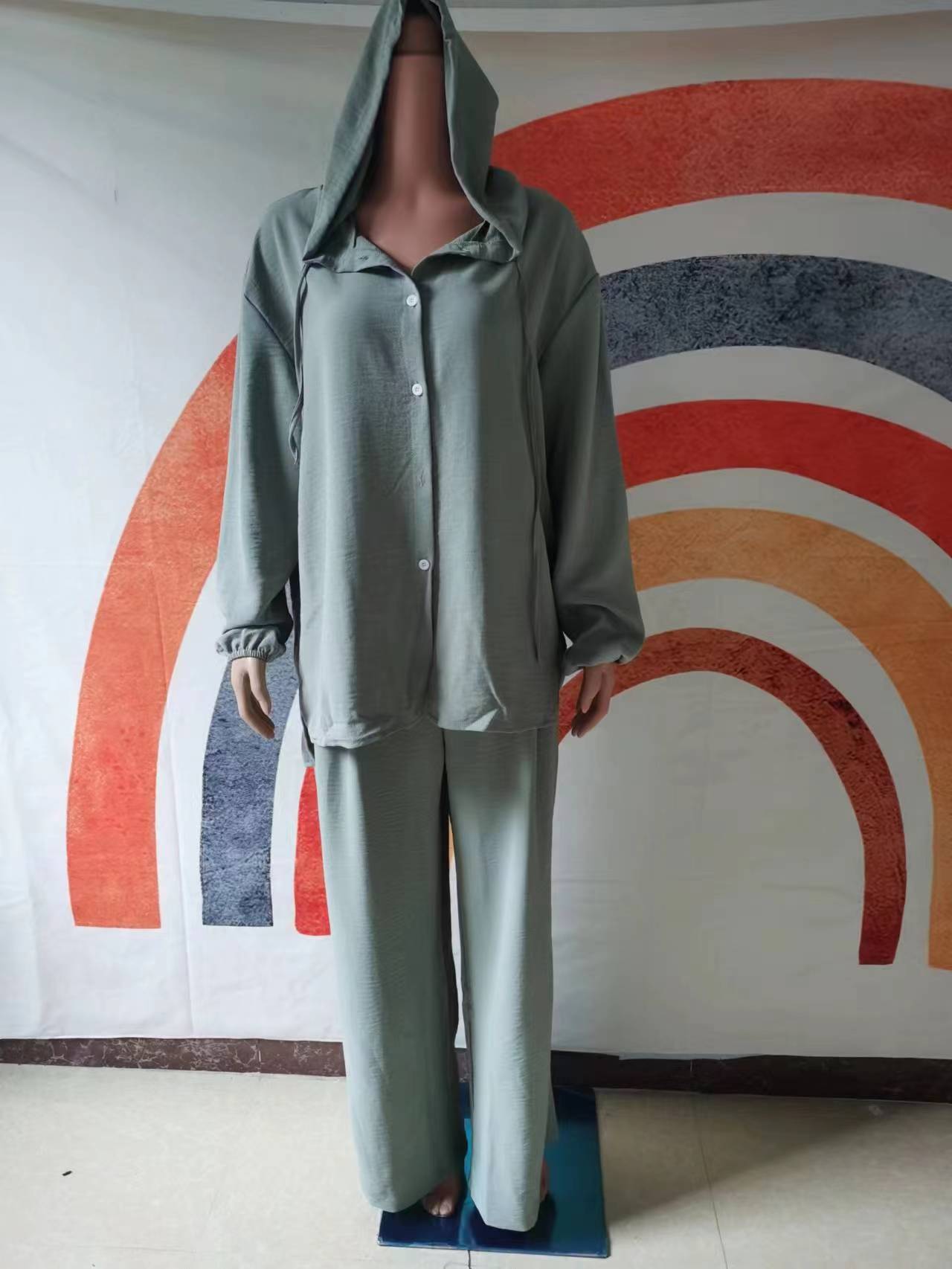 Casual Long Sleeved Hooded Shirt Jacket+straight Leg Pants 2pcs Set