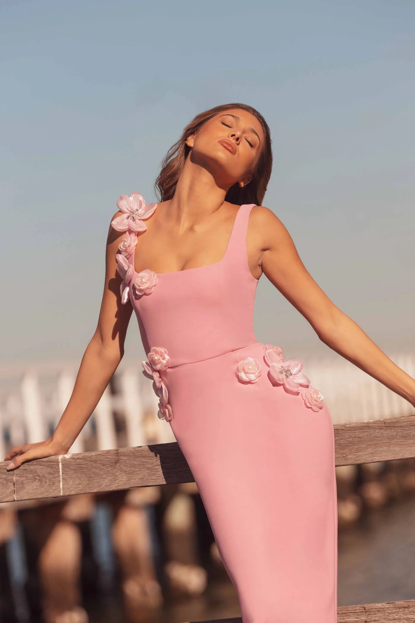 sabrina 3d flower Midi Dress in Pink