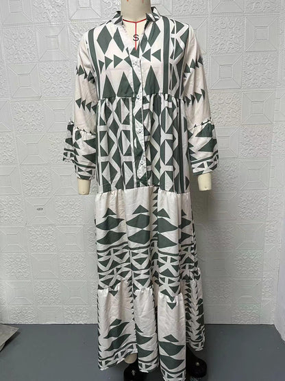 Ladies Elegant Printed Shirt Skirt Bohemian Dress