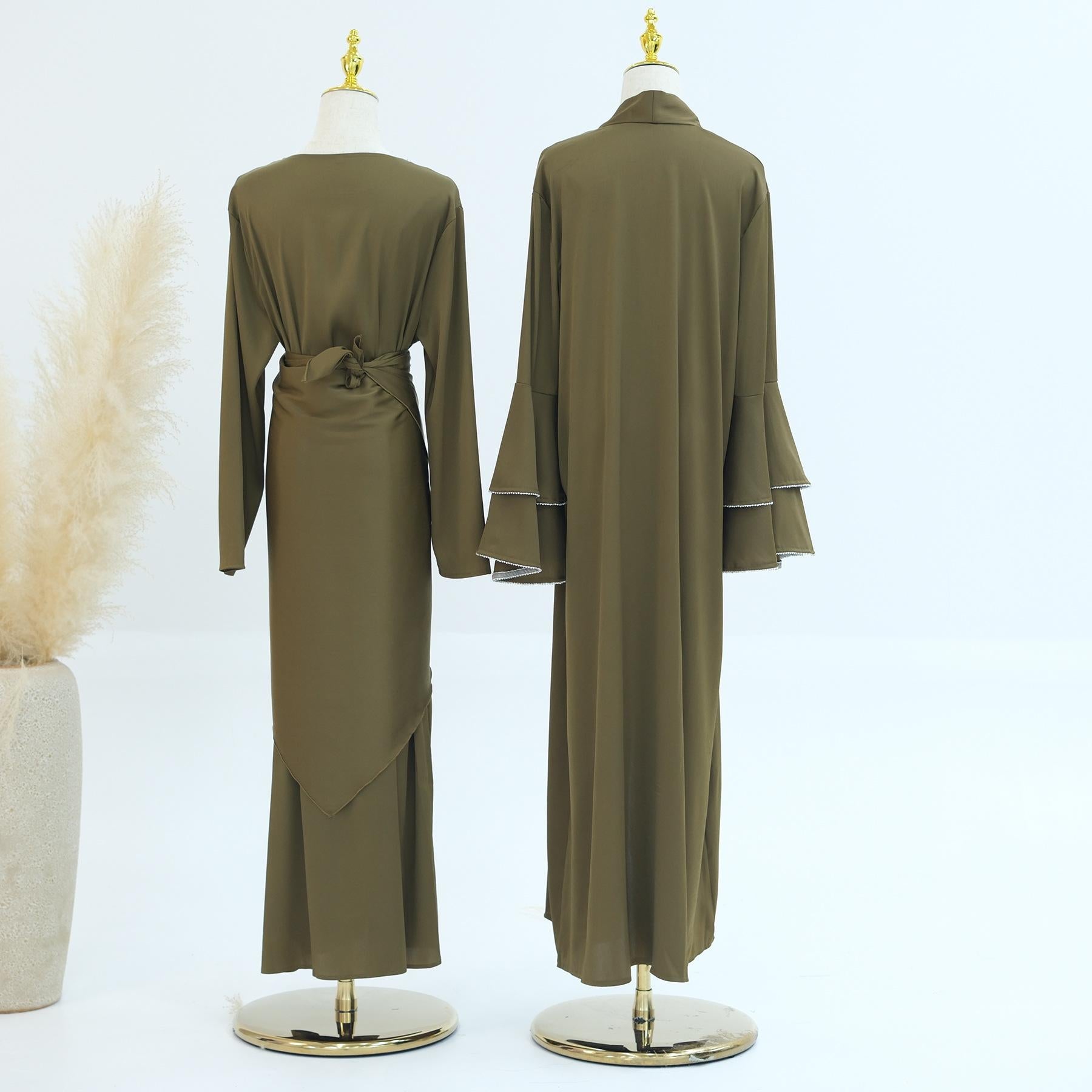 3pcs Set Satin Cardigan+Inner Dress+Special Belt