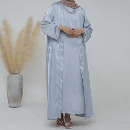 4pcs Set Cardigan+without  Sleeves Inner Dress+Crystal Chain+Hijab