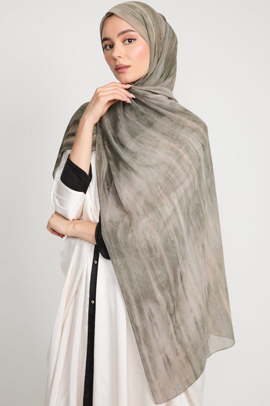Luxury Tie Dye Chiffon Hijab - Dusty Olive - LIMITED EDITION