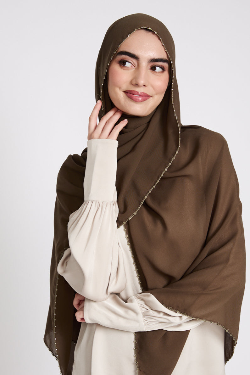 Luxury Georgette Hijab with Dainty Detailing - Khaki Olive