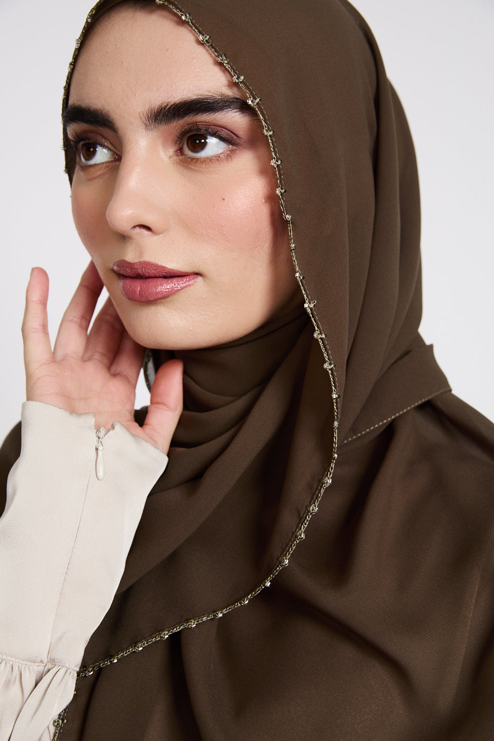 Luxury Georgette Hijab with Dainty Detailing - Khaki Olive
