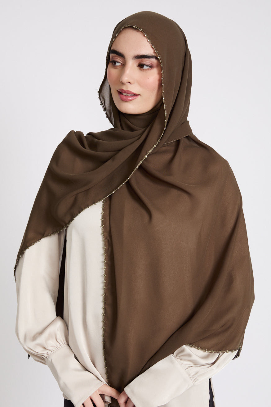 Luxury Georgette Hijab with Dainty Detailing - Khaki Olive