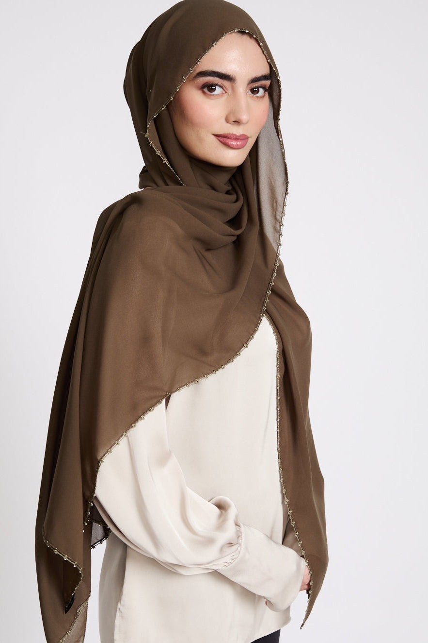 Luxury Georgette Hijab with Dainty Detailing - Khaki Olive