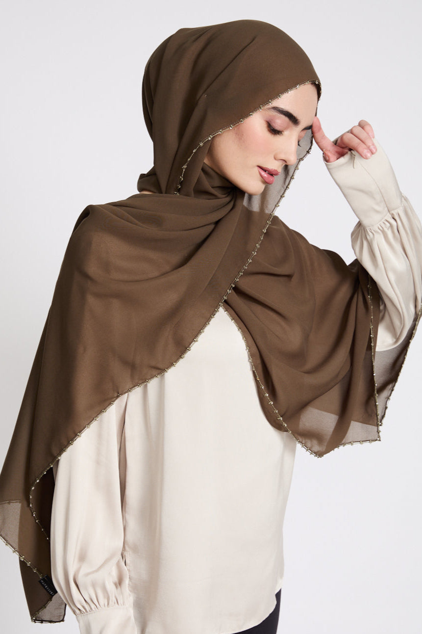 Luxury Georgette Hijab with Dainty Detailing - Khaki Olive