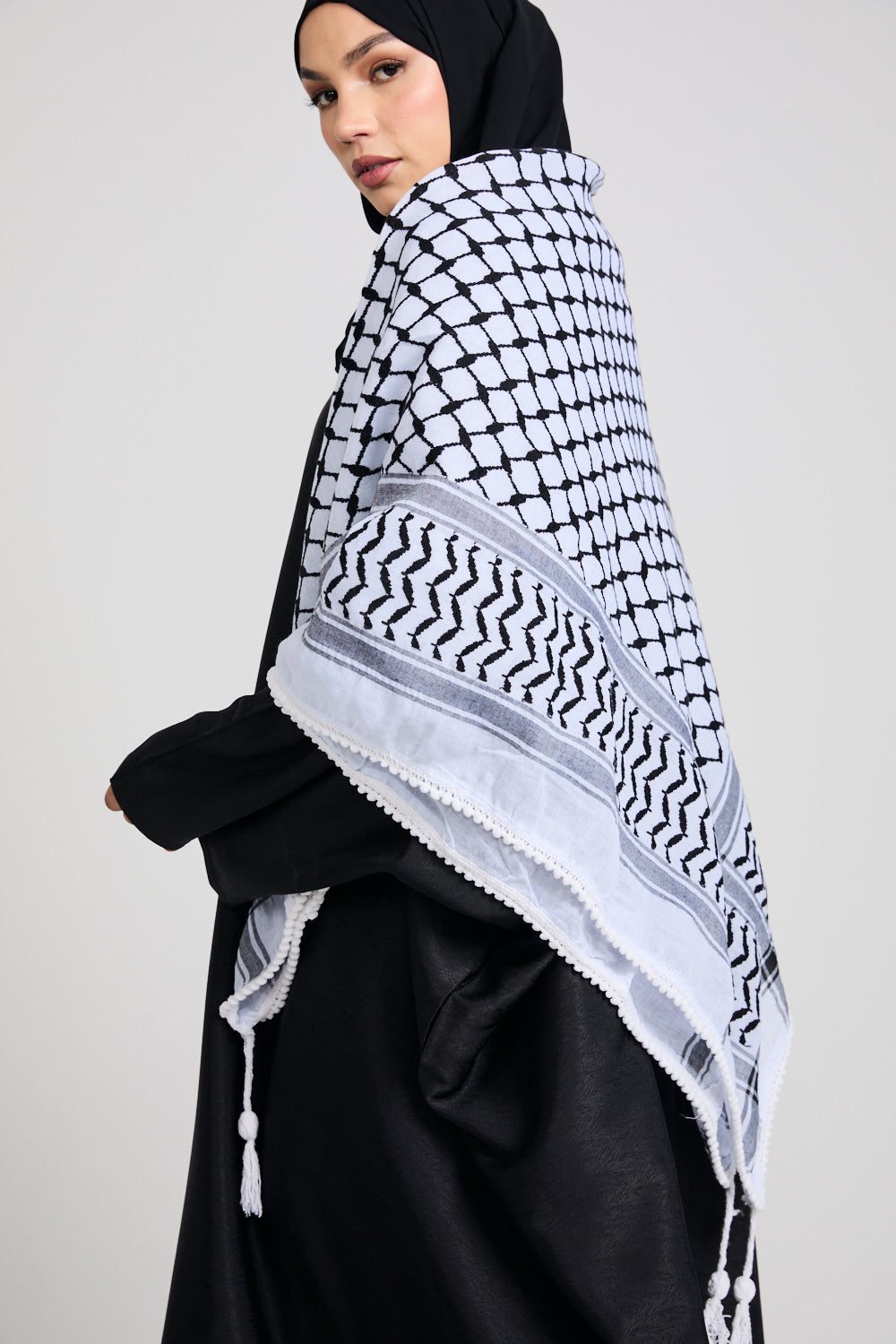 Premium Keffiyeh Scarf With Pom Pom- Black And White