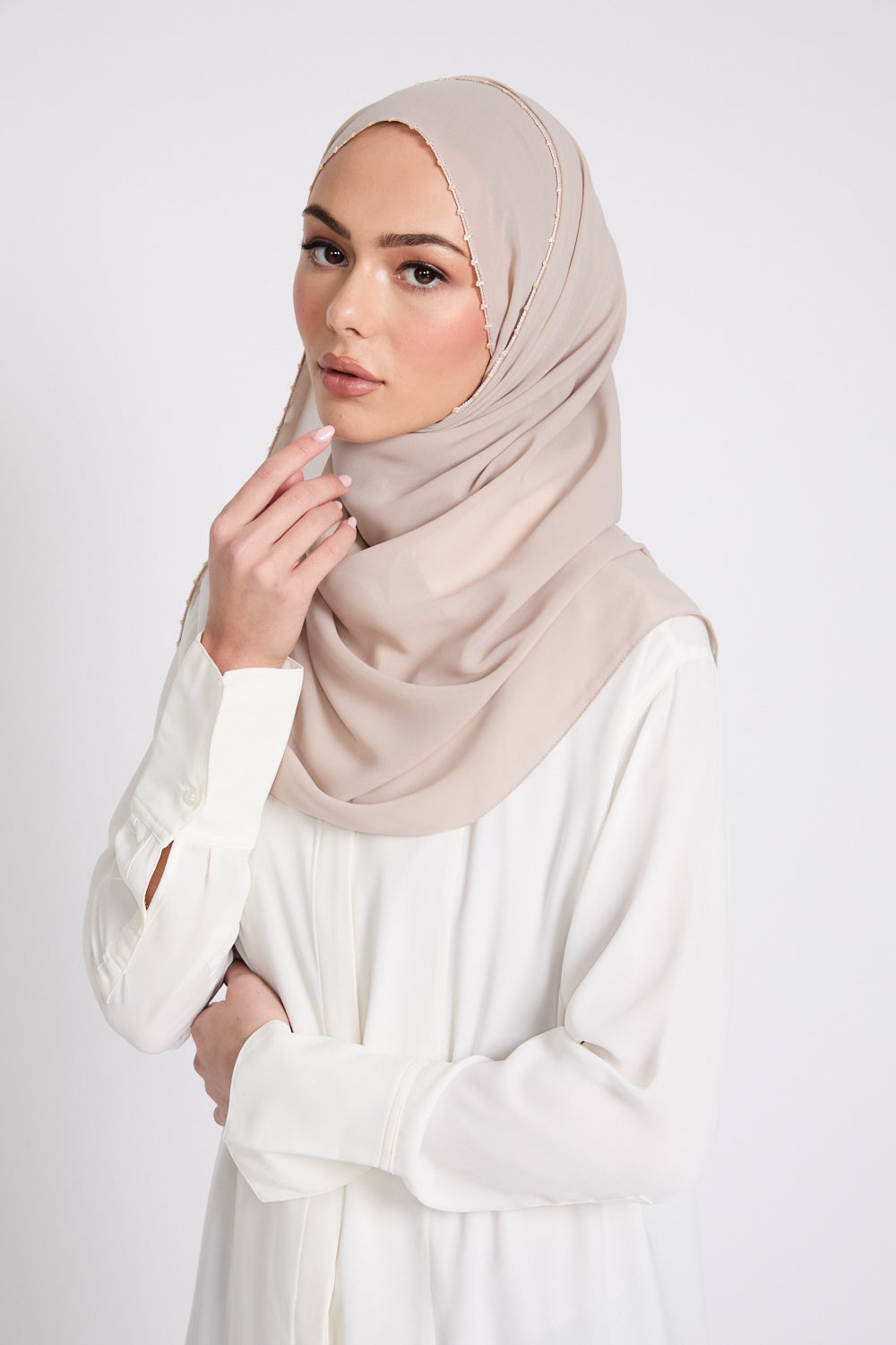 Luxury Georgette Hijab with Dainty Detailing - Desert Sand