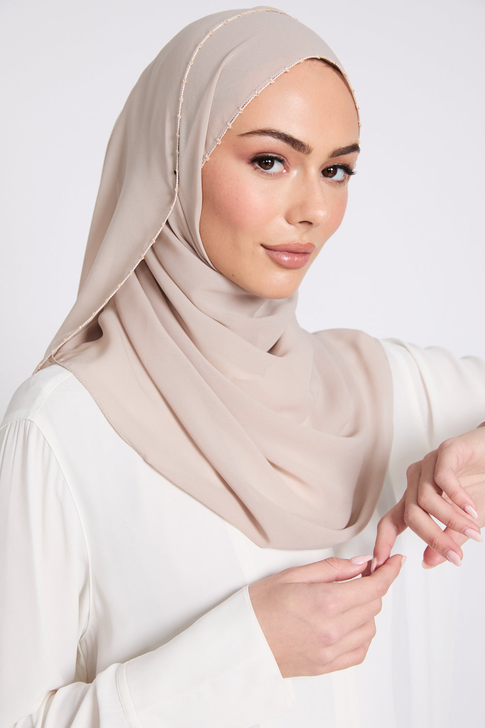 Luxury Georgette Hijab with Dainty Detailing - Desert Sand