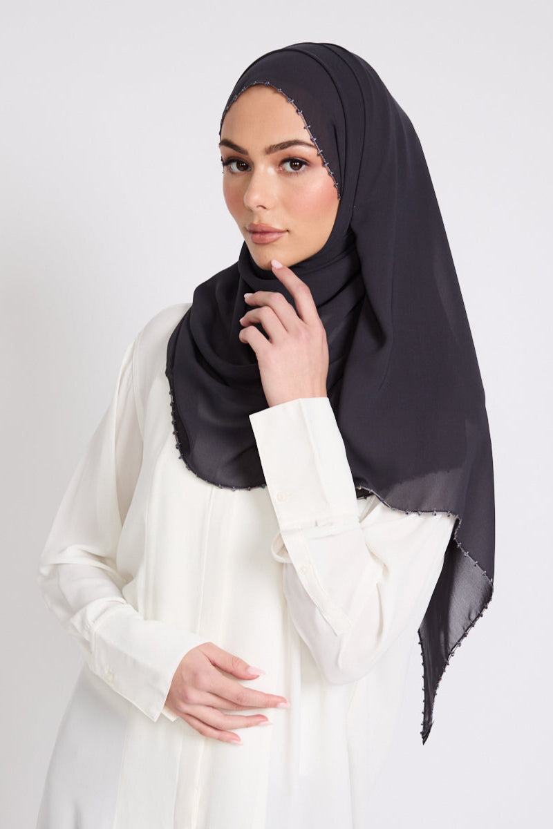 Luxury Georgette Hijab with Dainty Detailing - Midnight Sable