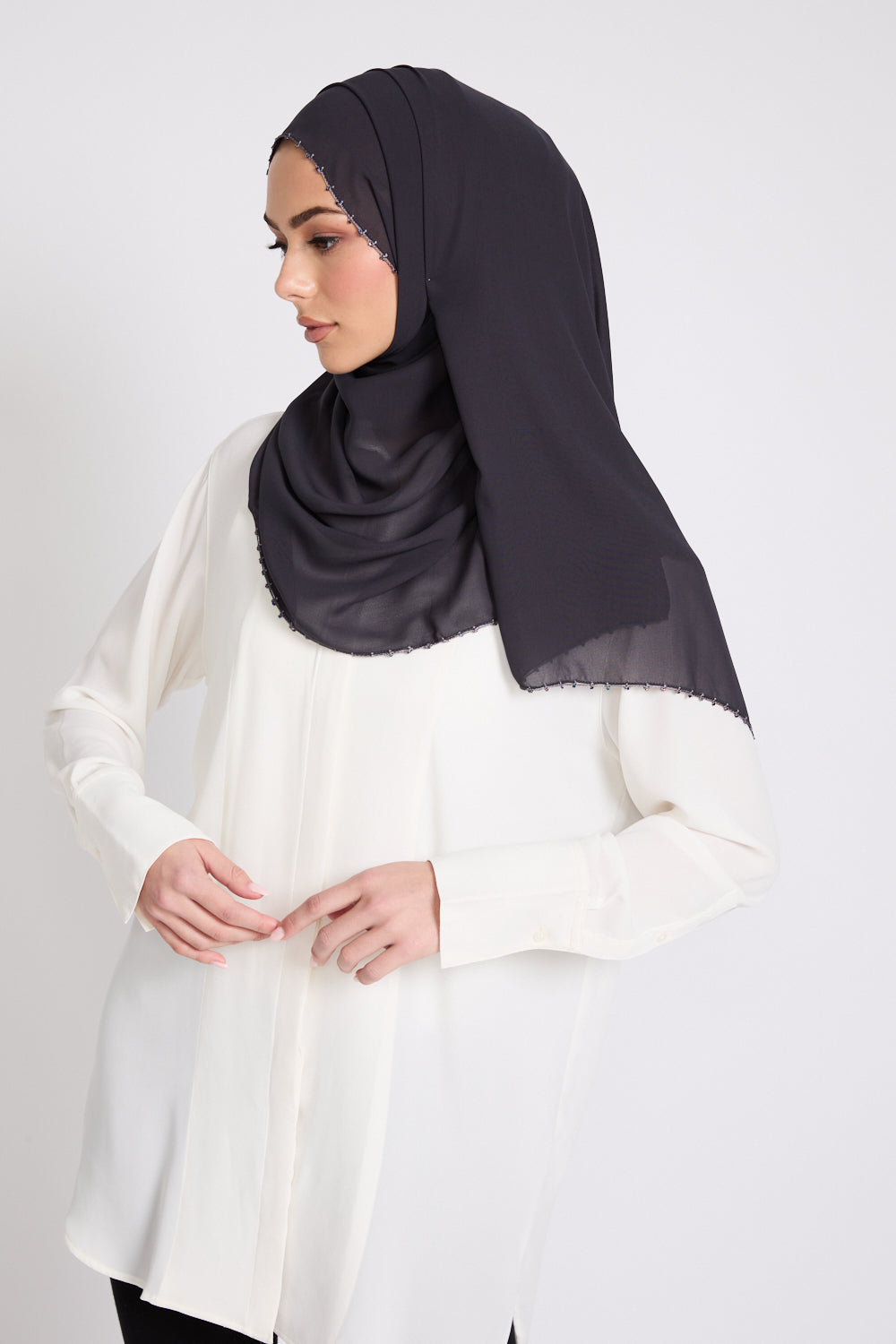 Luxury Georgette Hijab with Dainty Detailing - Midnight Sable