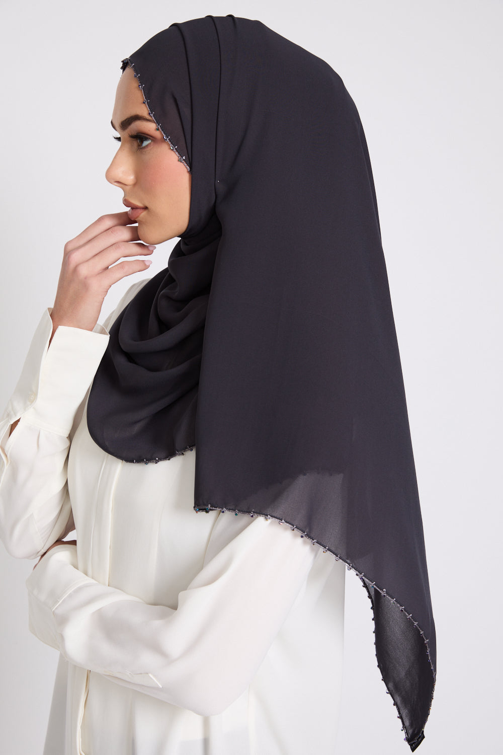 Luxury Georgette Hijab with Dainty Detailing - Midnight Sable