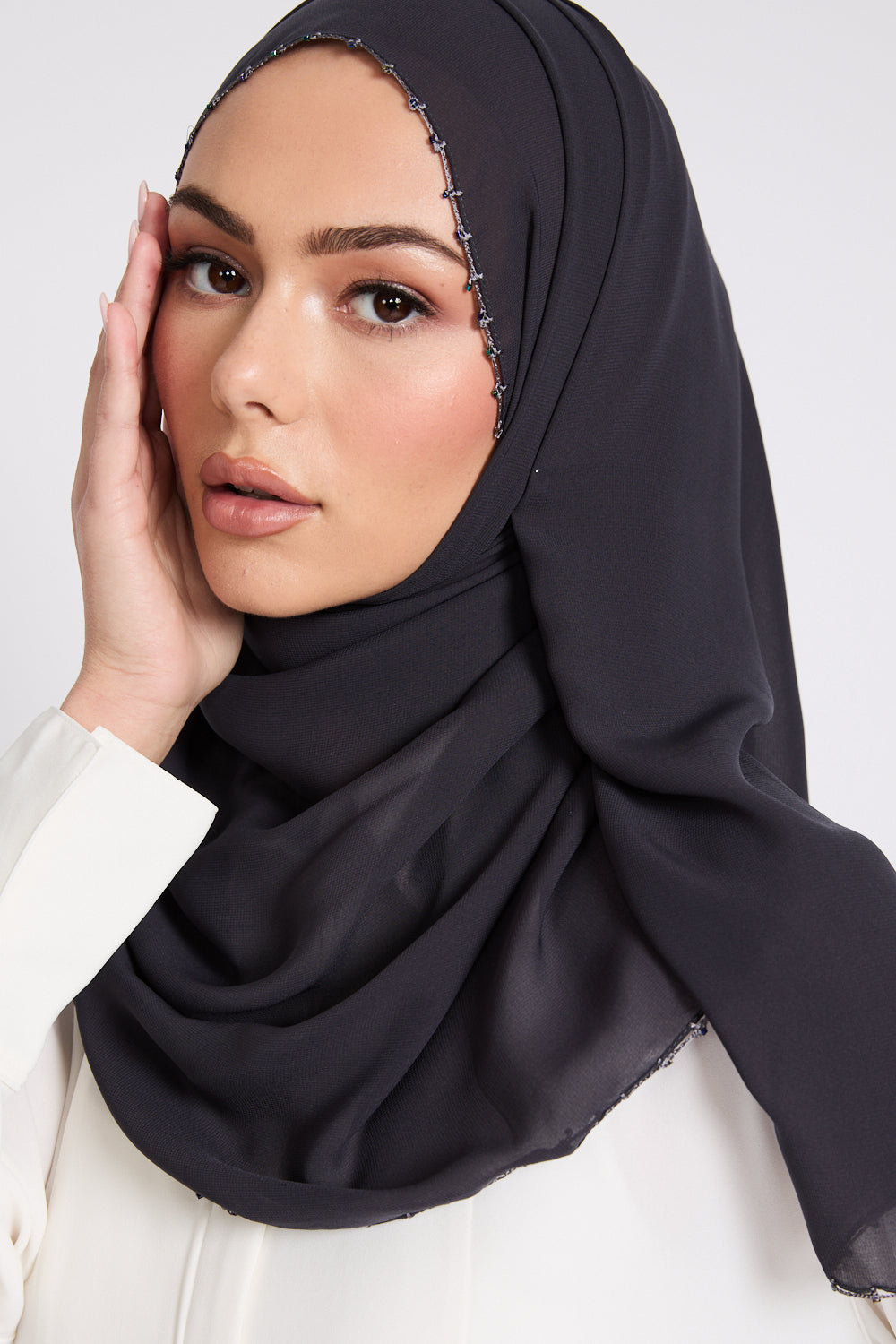 Luxury Georgette Hijab with Dainty Detailing - Midnight Sable