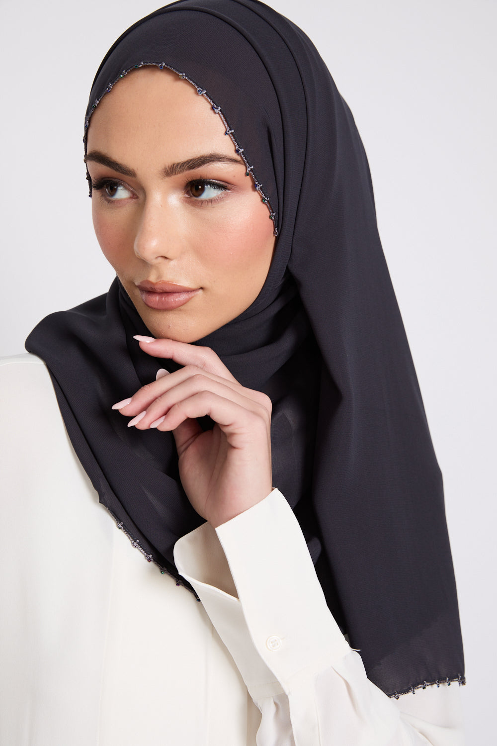 Luxury Georgette Hijab with Dainty Detailing - Midnight Sable