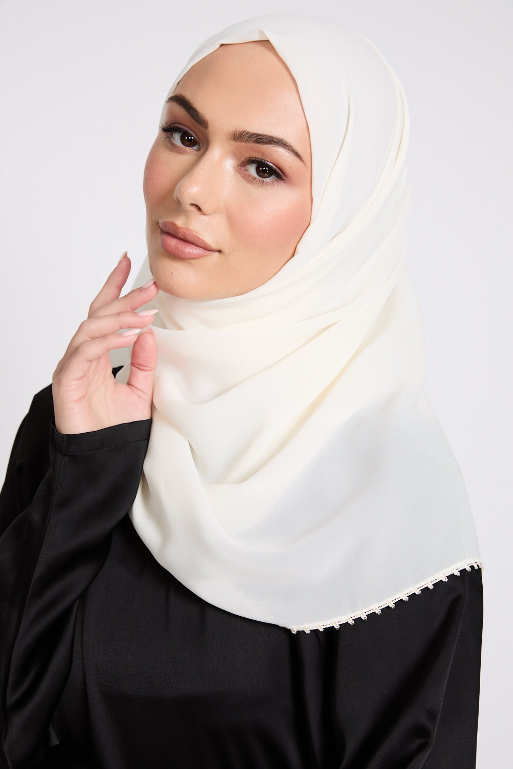 Luxury Georgette Hijab with Dainty Detailing - Ivory