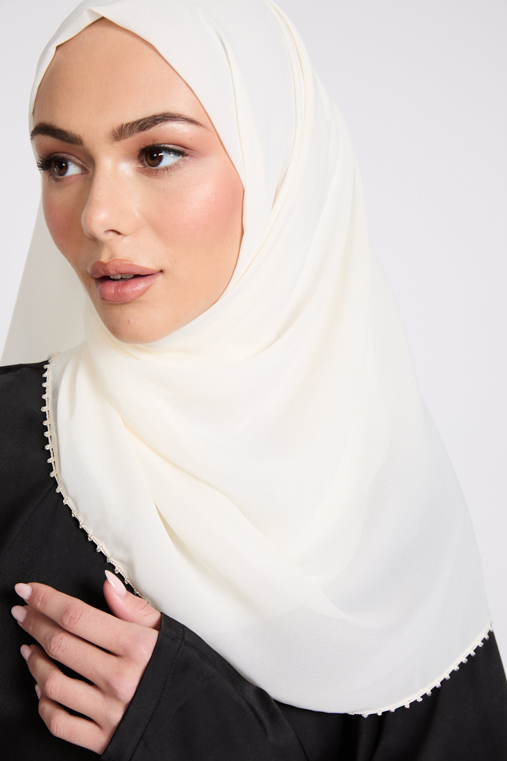 Luxury Georgette Hijab with Dainty Detailing - Ivory