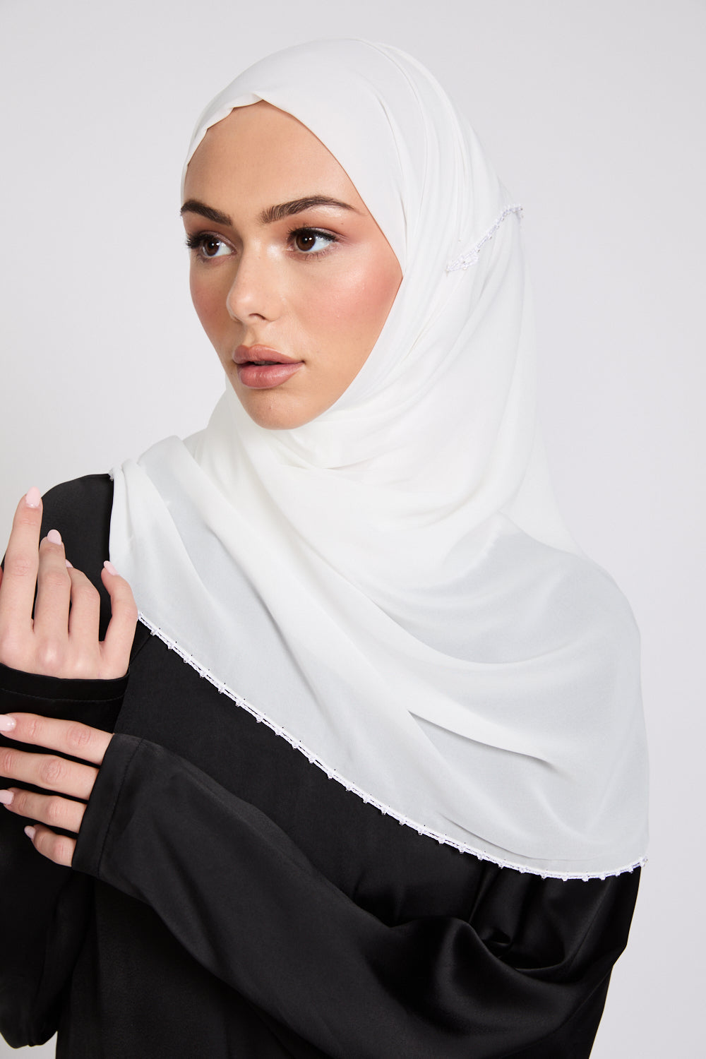 Luxury Georgette Hijab with Dainty Detailing - Off White