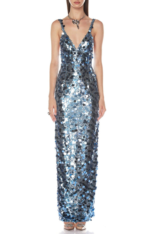 roberta Deep V-Neck Sequin Column Gown in blue
