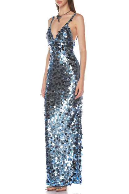 roberta Deep V-Neck Sequin Column Gown in blue