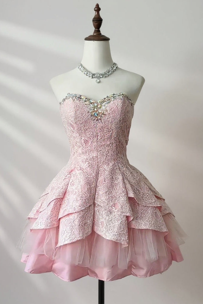 Pink Strapless Mini Tiered Dress