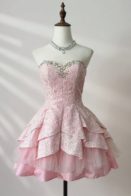 Pink Strapless Mini Tiered Dress
