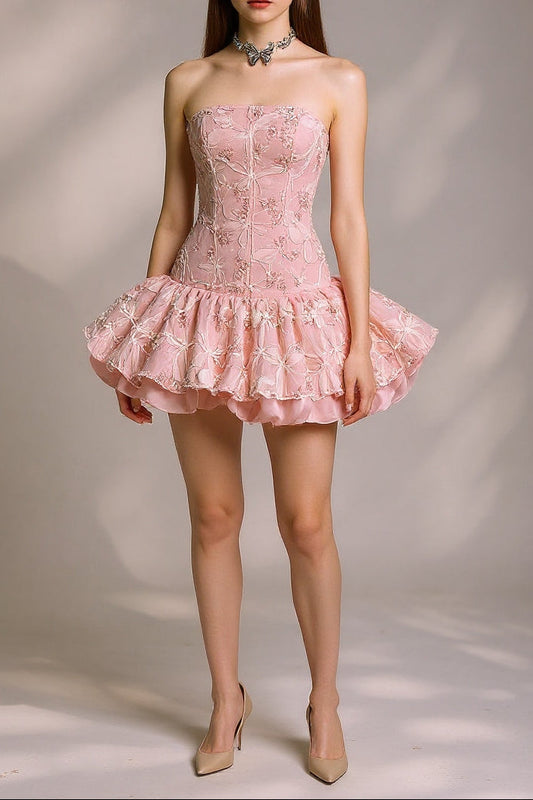 katherine Embroidered Lace Ruffle Mini Dress in pink