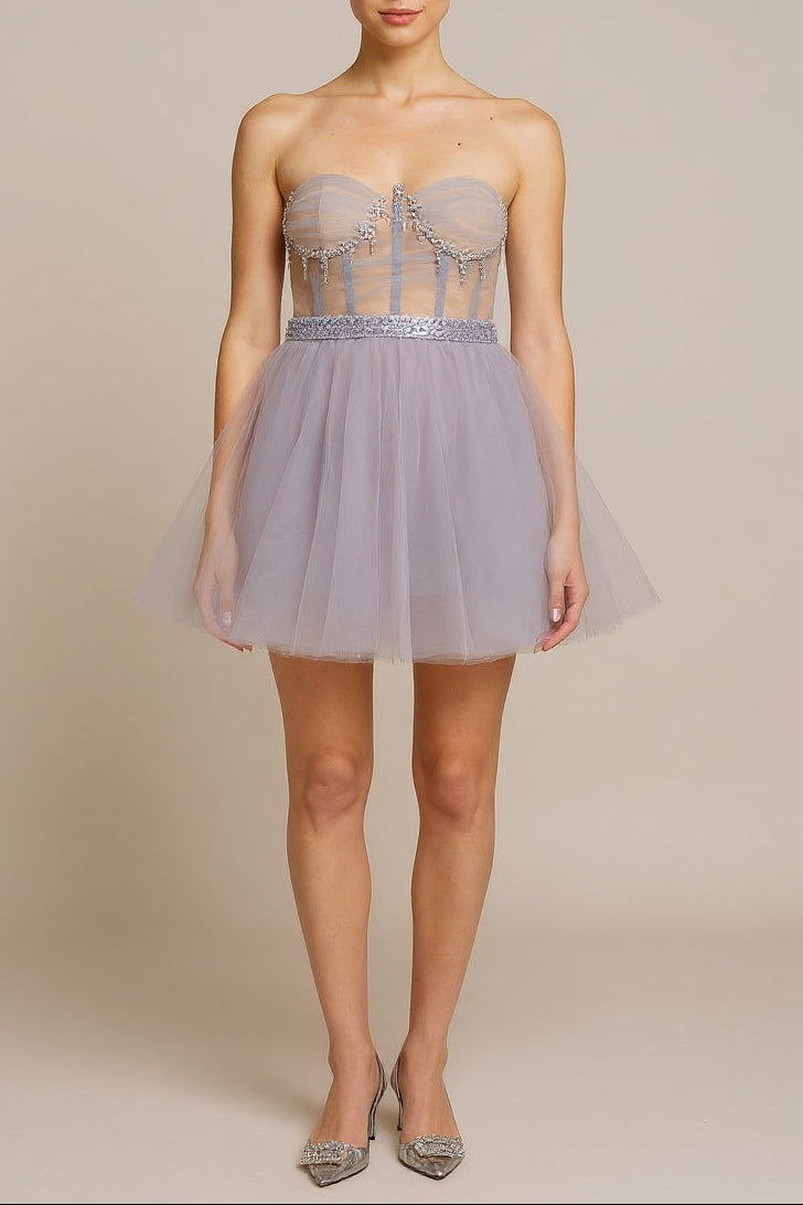 madeline grey embellished puff tulle mini dress
