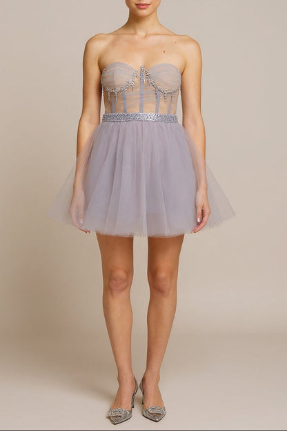 madeline grey embellished puff tulle mini dress