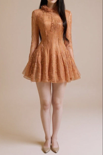 Embroidered Flared long sleeve Mini Dress
