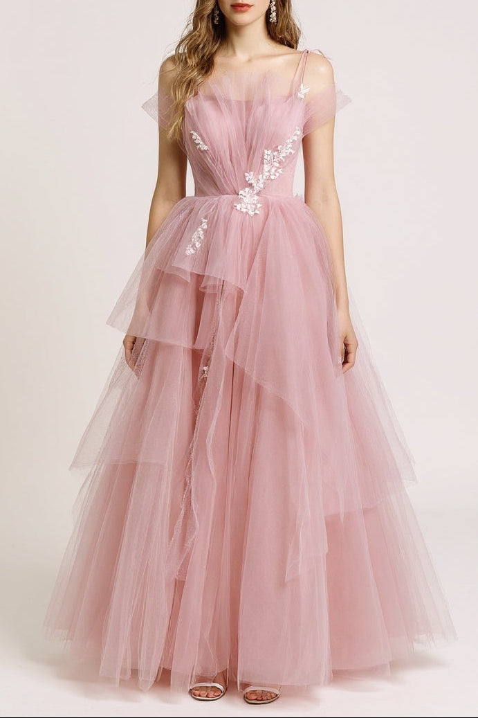 sequin floral applique tulle maxi dress in pink