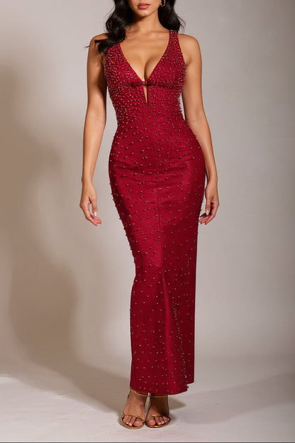kelly Plunge Neck Pearl Maxi Dress in burgundy