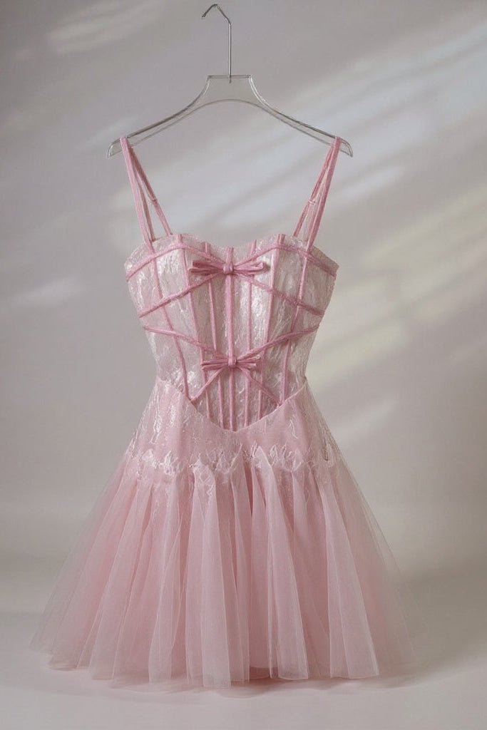 bow Tulle Corset mini Dress in Pink