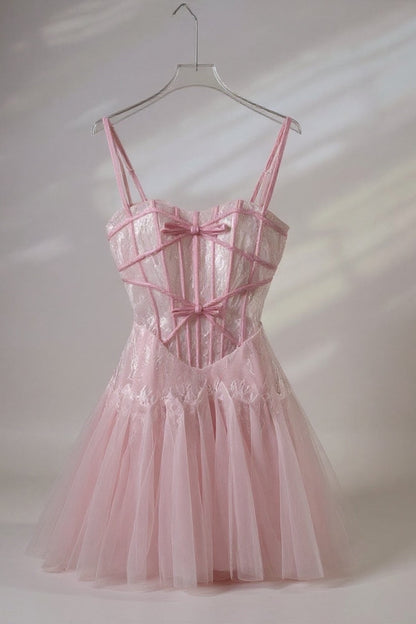 bow Tulle Corset mini Dress in Pink