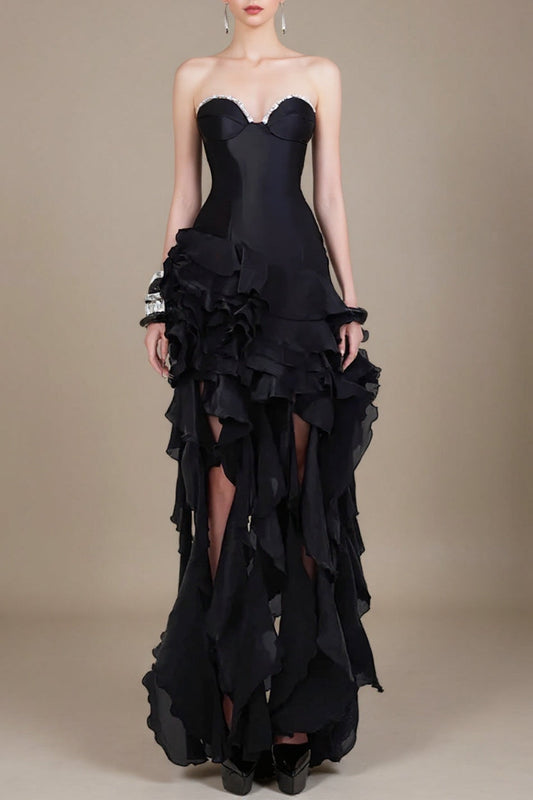 サブリナ ラッフル クリスタル ストラップレス ミディドレス（ブラック）